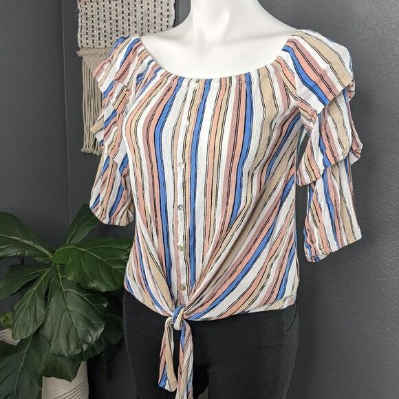 ⭐ Lily White Striped Tie-Front Blouse - Picture 1 of 8